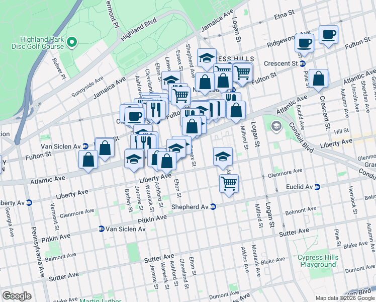 map of restaurants, bars, coffee shops, grocery stores, and more near 260 Shepherd Avenue in Brooklyn