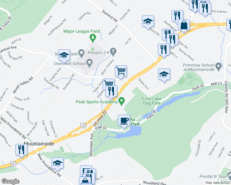 map of restaurants, bars, coffee shops, grocery stores, and more near 1192 U.S. 22 in Mountainside