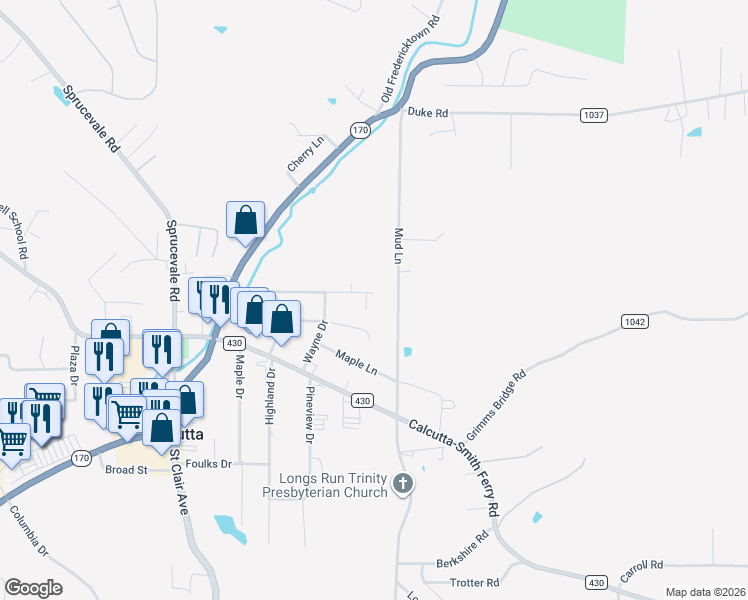 map of restaurants, bars, coffee shops, grocery stores, and more near 49406 North Meadowbrook Circle in Calcutta