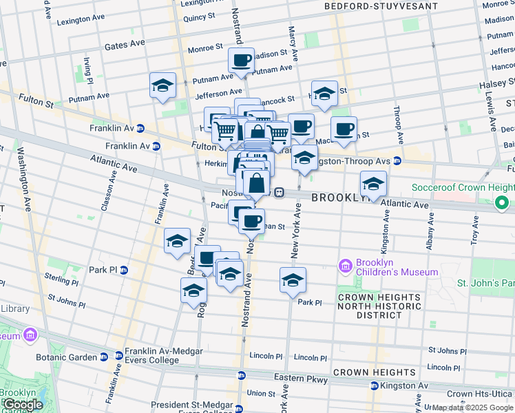 map of restaurants, bars, coffee shops, grocery stores, and more near 1295 Pacific Street in Brooklyn