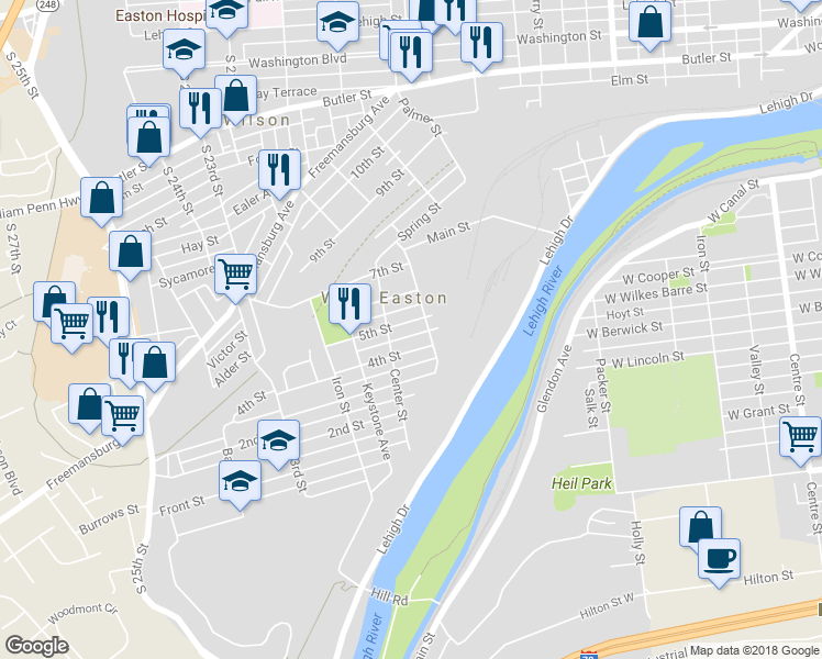 map of restaurants, bars, coffee shops, grocery stores, and more near 216 5th Street in Easton
