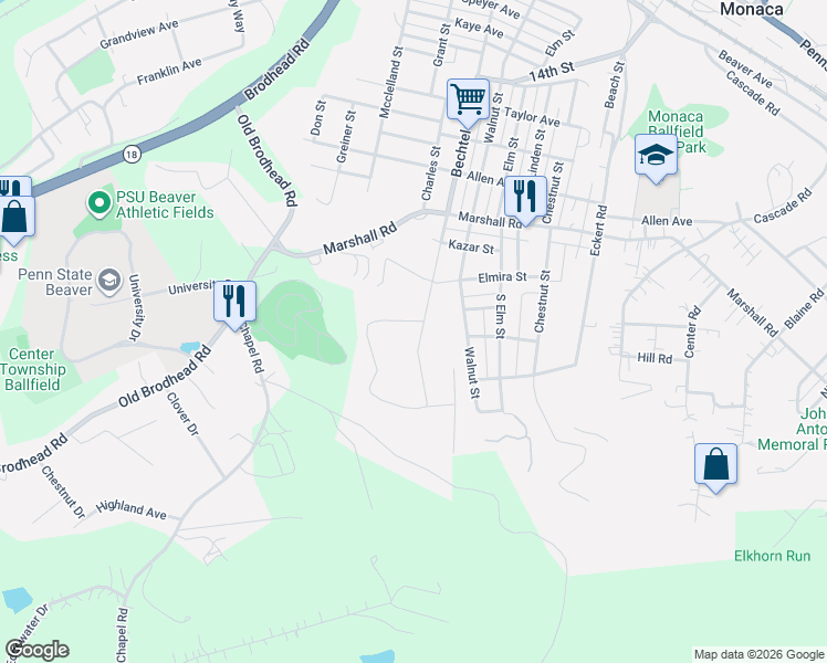 map of restaurants, bars, coffee shops, grocery stores, and more near 1328 Bechtel Street in Monaca