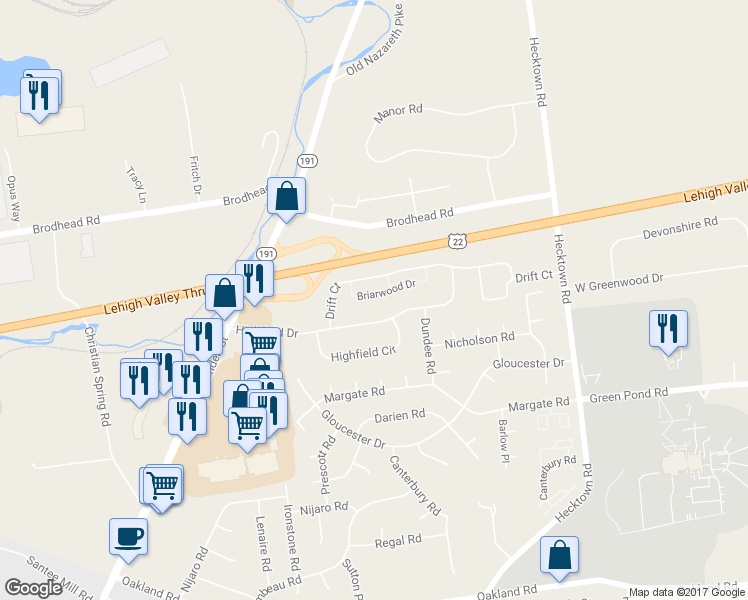 map of restaurants, bars, coffee shops, grocery stores, and more near 506 Briarwood Drive in Bethlehem