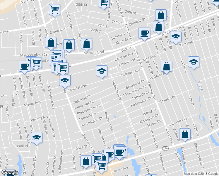 map of restaurants, bars, coffee shops, grocery stores, and more near 222 Copiague Place in Copiague