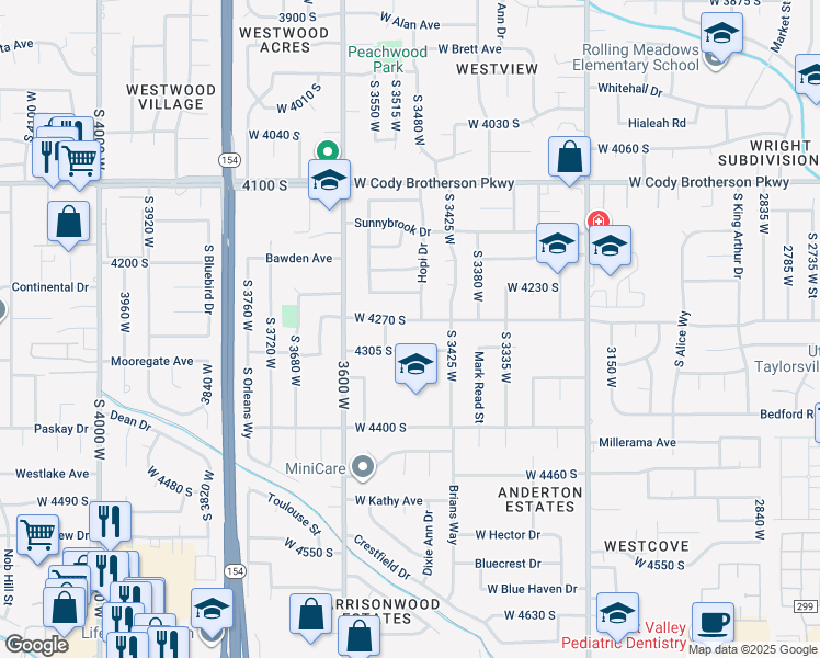 map of restaurants, bars, coffee shops, grocery stores, and more near 3521 Pawnee Street in West Valley City