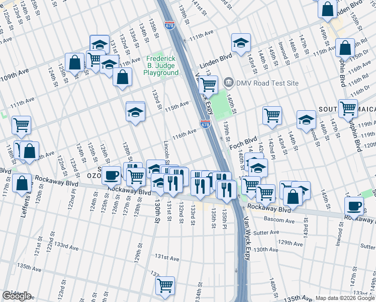map of restaurants, bars, coffee shops, grocery stores, and more near 134-04 116th Avenue in Queens
