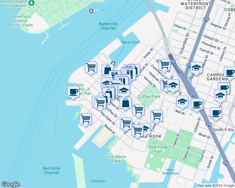 map of restaurants, bars, coffee shops, grocery stores, and more near 114 Sullivan Street in Brooklyn