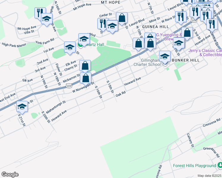 map of restaurants, bars, coffee shops, grocery stores, and more near South 15th Street in Pottsville
