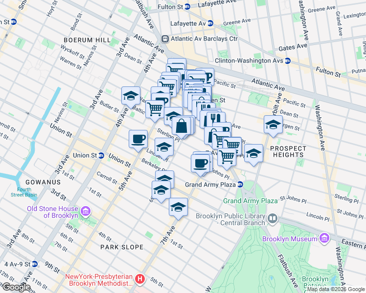 map of restaurants, bars, coffee shops, grocery stores, and more near 80 Park Place in Brooklyn