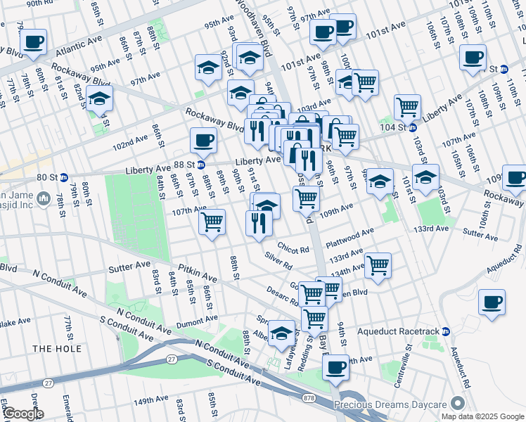 map of restaurants, bars, coffee shops, grocery stores, and more near 91-11 107th Avenue in Queens