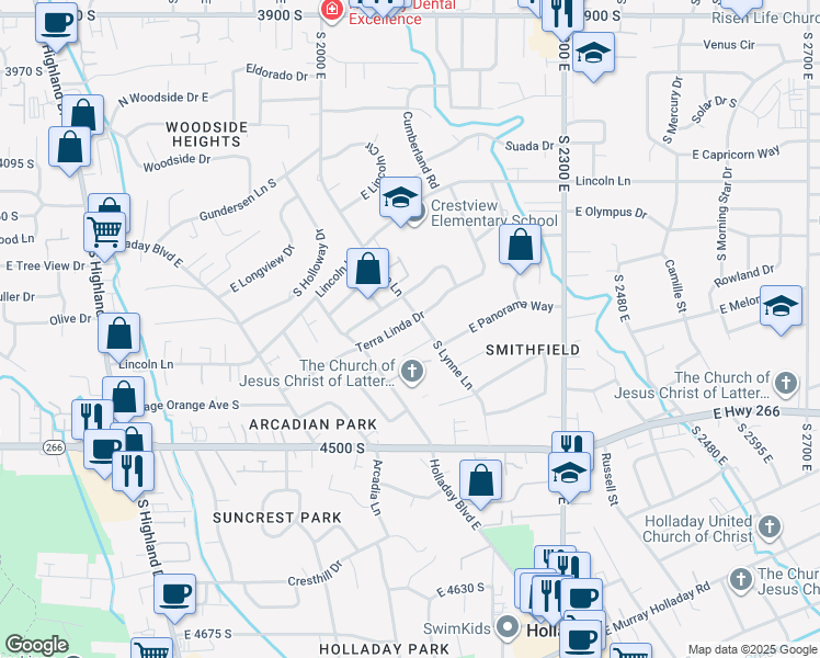 map of restaurants, bars, coffee shops, grocery stores, and more near 2118 Terra Linda Drive in Holladay
