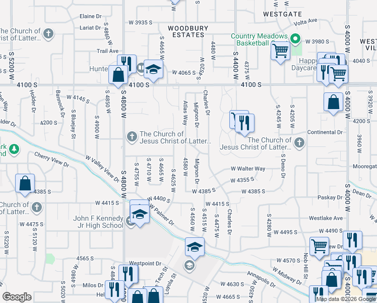 map of restaurants, bars, coffee shops, grocery stores, and more near 4590 Charles Way in West Valley City