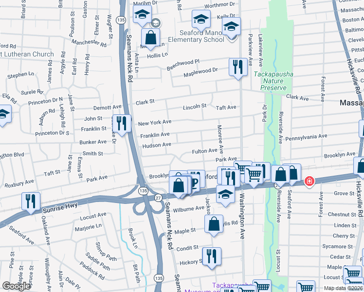 map of restaurants, bars, coffee shops, grocery stores, and more near 3878 Franklin Avenue in Seaford
