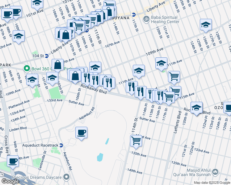 map of restaurants, bars, coffee shops, grocery stores, and more near 109-60 111th Street in Queens