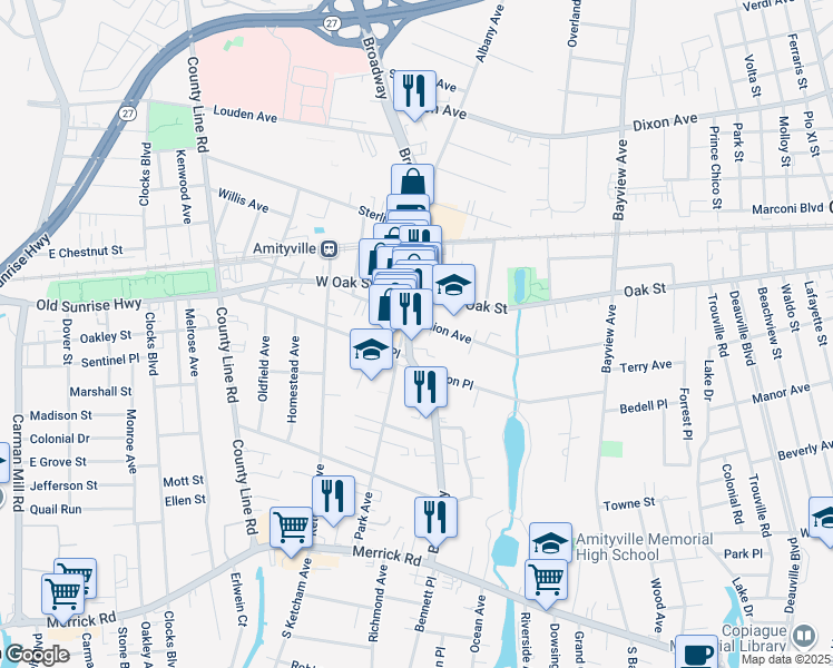 map of restaurants, bars, coffee shops, grocery stores, and more near in Amityville