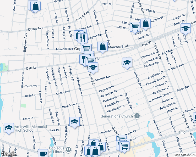 map of restaurants, bars, coffee shops, grocery stores, and more near in Copiague