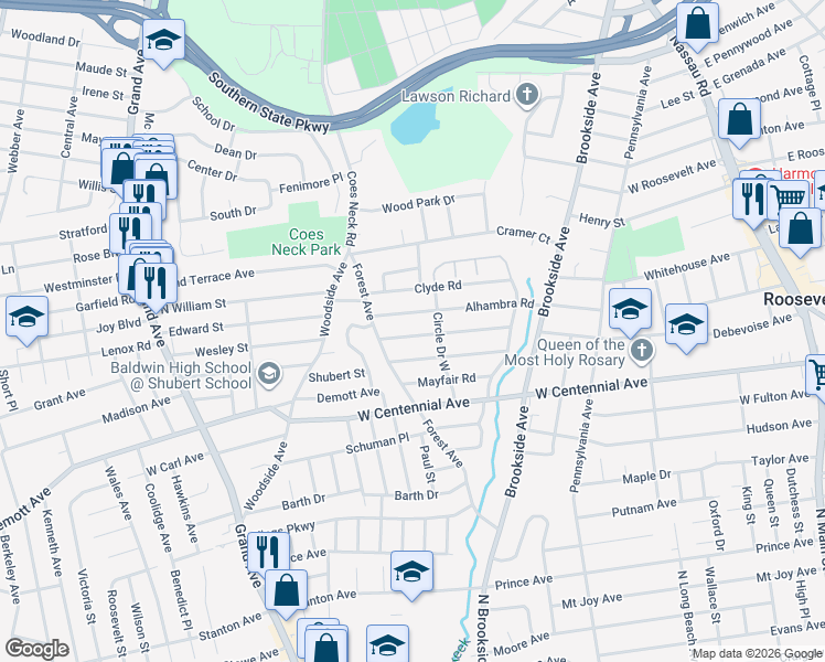 map of restaurants, bars, coffee shops, grocery stores, and more near 1334 Circle Drive West in Baldwin