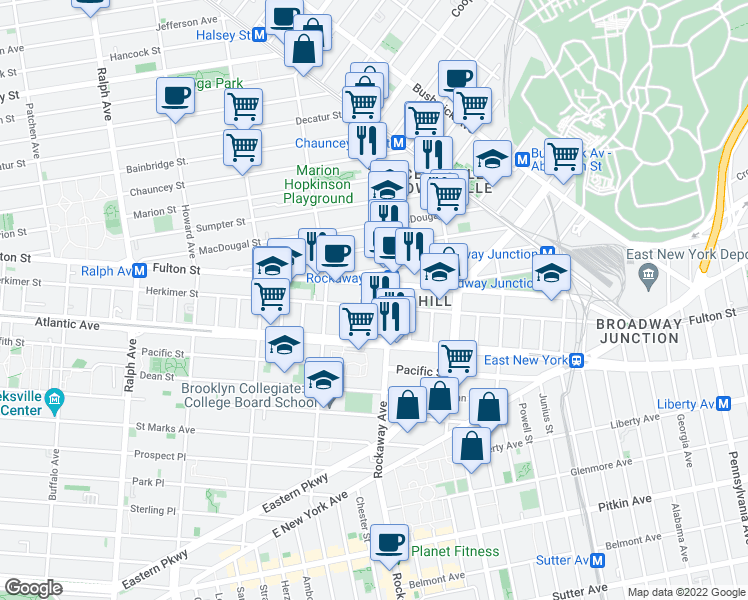 map of restaurants, bars, coffee shops, grocery stores, and more near 2057 Fulton Street in Brooklyn