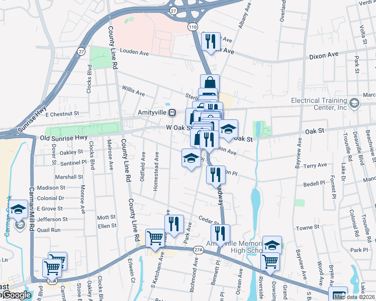 map of restaurants, bars, coffee shops, grocery stores, and more near 32 Greene Avenue in Amityville