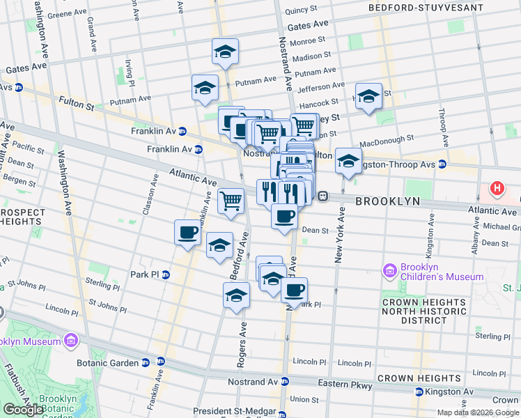 map of restaurants, bars, coffee shops, grocery stores, and more near Pacific Street in Brooklyn