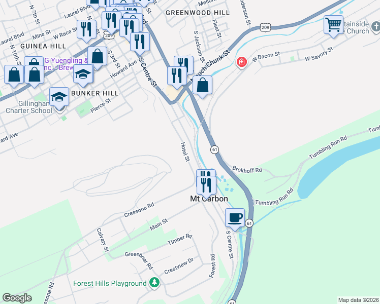 map of restaurants, bars, coffee shops, grocery stores, and more near 583 South Centre Street in Pottsville