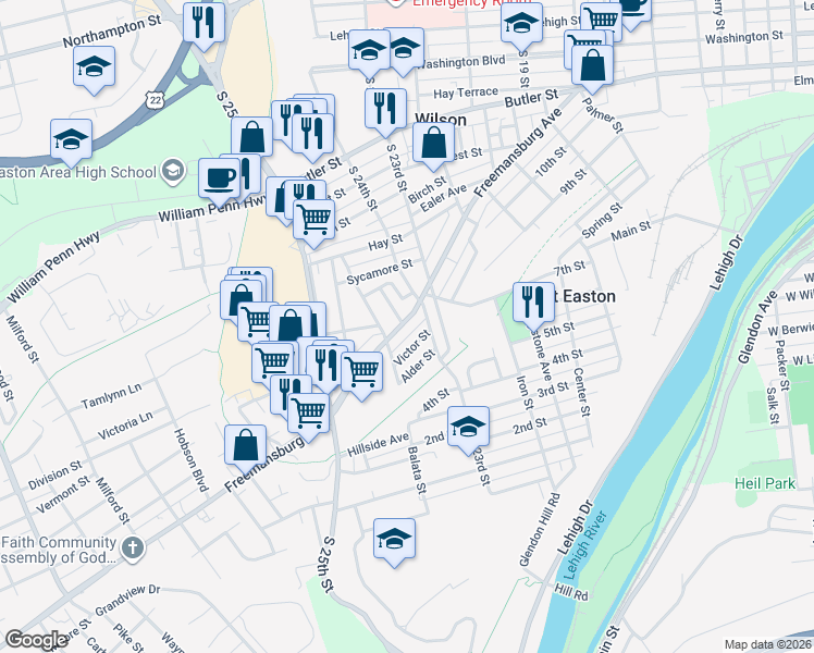 map of restaurants, bars, coffee shops, grocery stores, and more near 835 South 24th Street in Easton