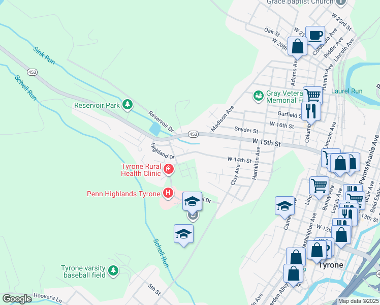 map of restaurants, bars, coffee shops, grocery stores, and more near Highland Drive in Tyrone