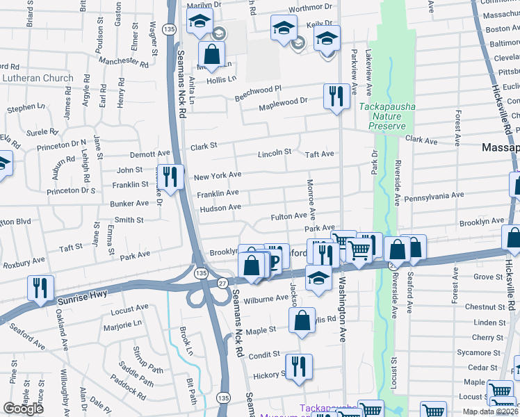 map of restaurants, bars, coffee shops, grocery stores, and more near 3878 Franklin Avenue in Seaford