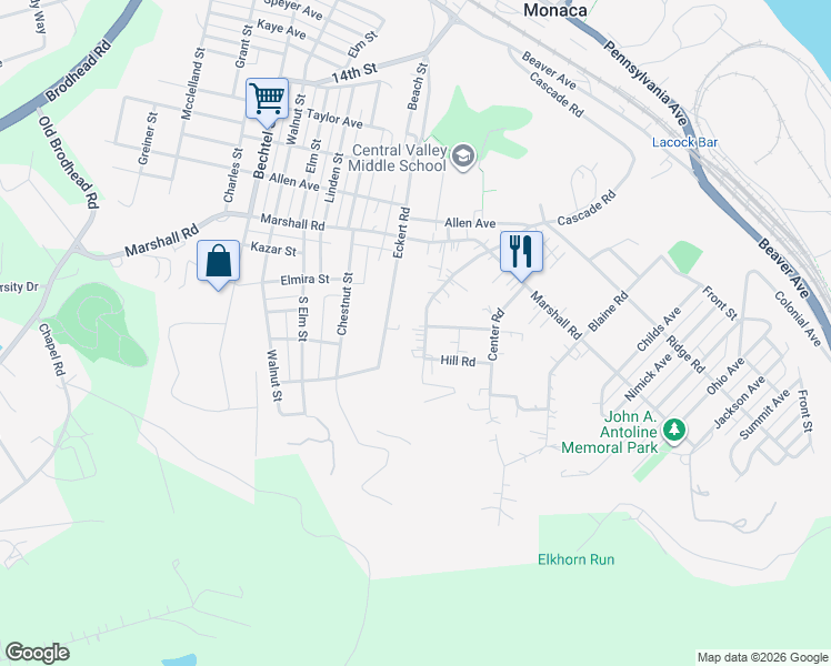 map of restaurants, bars, coffee shops, grocery stores, and more near 1248 Cascade Road in Monaca