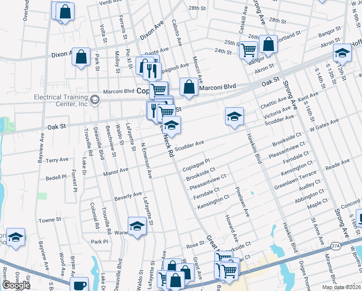 map of restaurants, bars, coffee shops, grocery stores, and more near 67 Scudder Avenue in Copiague