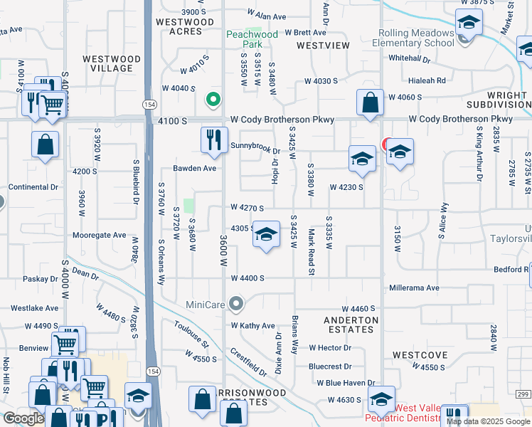 map of restaurants, bars, coffee shops, grocery stores, and more near 3521 Pawnee Street in West Valley City