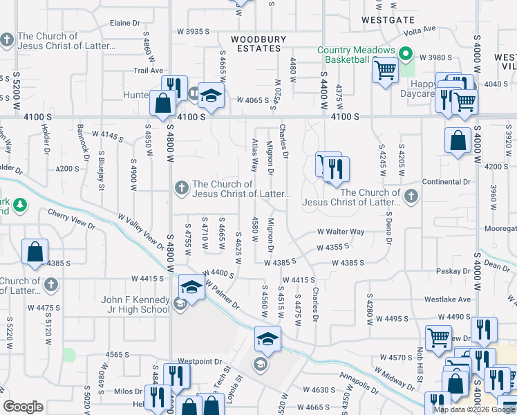 map of restaurants, bars, coffee shops, grocery stores, and more near 4590 Charles Way in West Valley City