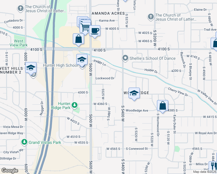 map of restaurants, bars, coffee shops, grocery stores, and more near 5457 Lockwood Drive in West Valley City