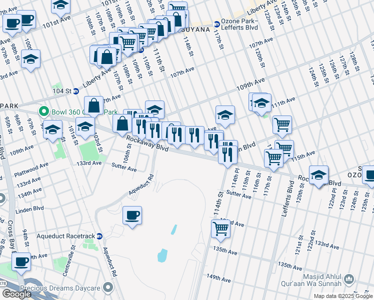 map of restaurants, bars, coffee shops, grocery stores, and more near 109-60 111th Street in Queens