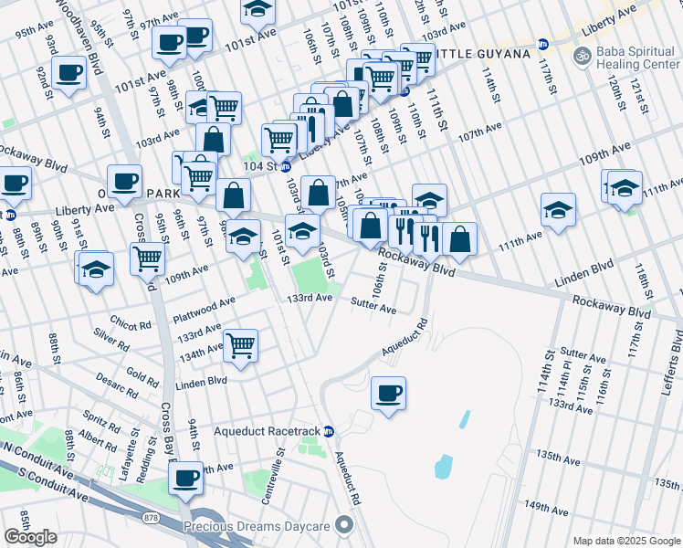 map of restaurants, bars, coffee shops, grocery stores, and more near 103-32 Plattwood Avenue in Queens