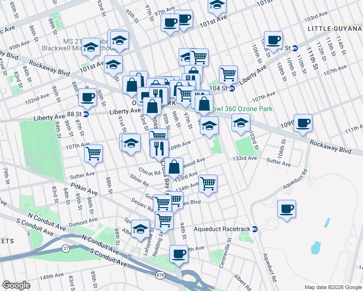 map of restaurants, bars, coffee shops, grocery stores, and more near 107-23 96th Street in Queens