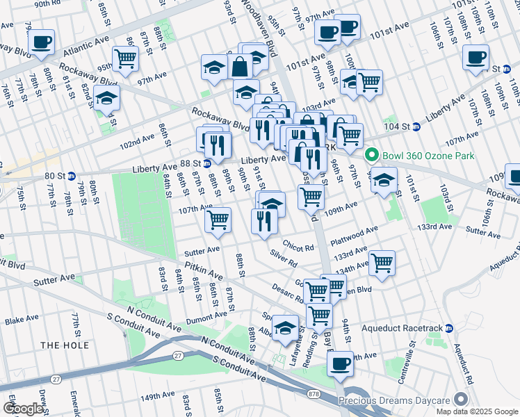 map of restaurants, bars, coffee shops, grocery stores, and more near 90-01 107th Avenue in Queens