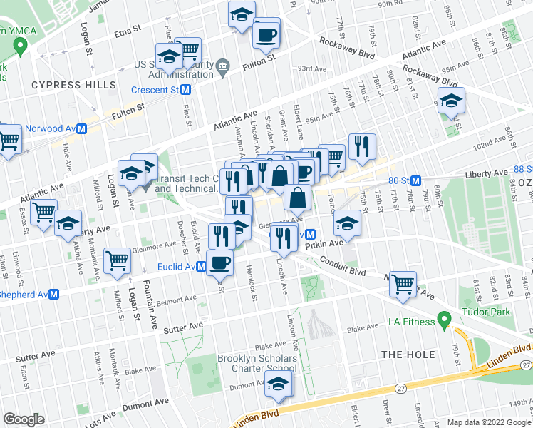 map of restaurants, bars, coffee shops, grocery stores, and more near 1130 Liberty Avenue in Brooklyn