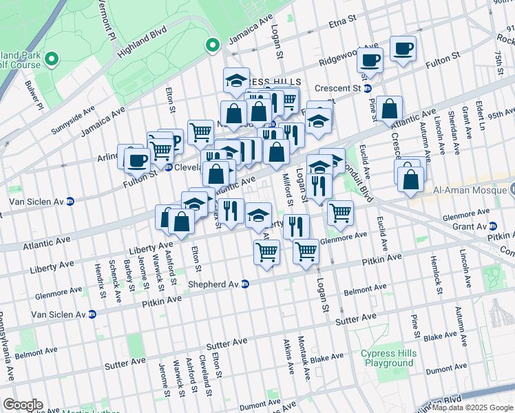 map of restaurants, bars, coffee shops, grocery stores, and more near 34 Montauk Avenue in Brooklyn