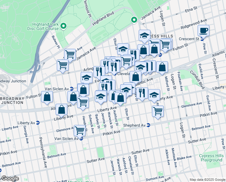 map of restaurants, bars, coffee shops, grocery stores, and more near 270 Cleveland Street in Brooklyn