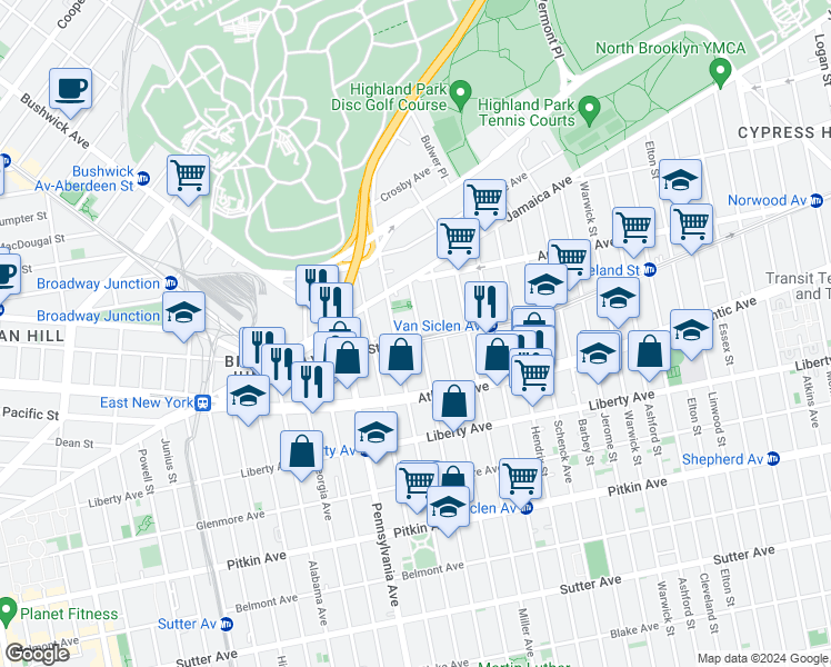 map of restaurants, bars, coffee shops, grocery stores, and more near 35 Wyona Street in Brooklyn