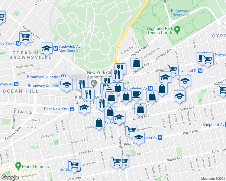 map of restaurants, bars, coffee shops, grocery stores, and more near 80 Jamaica Avenue in Brooklyn