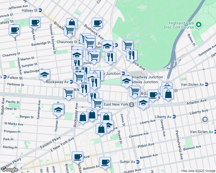 map of restaurants, bars, coffee shops, grocery stores, and more near 81 Truxton Street in Brooklyn