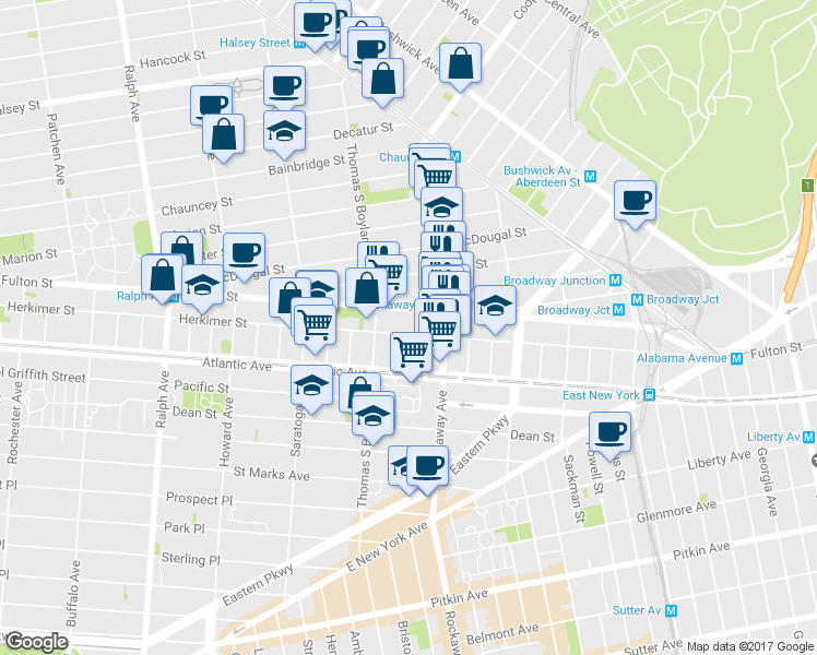 map of restaurants, bars, coffee shops, grocery stores, and more near 27 Somers Street in Brooklyn