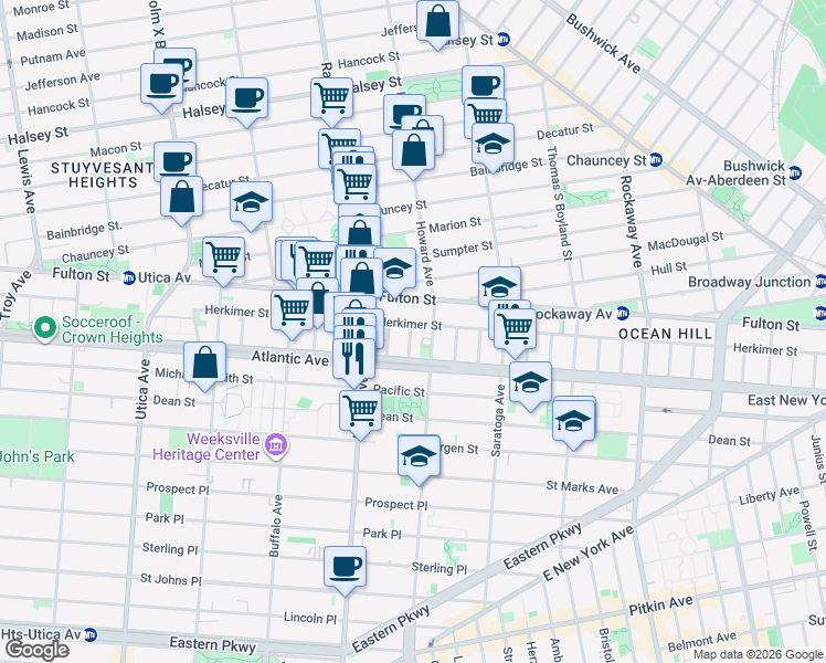map of restaurants, bars, coffee shops, grocery stores, and more near 1962 Fulton Street in Brooklyn