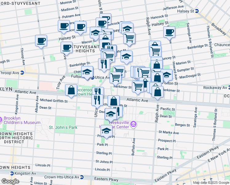 map of restaurants, bars, coffee shops, grocery stores, and more near 781 Herkimer Street in Brooklyn