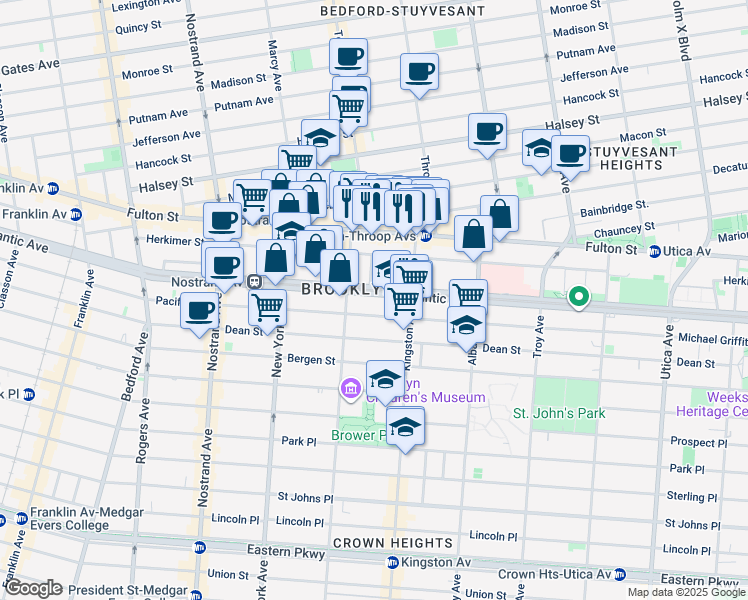 map of restaurants, bars, coffee shops, grocery stores, and more near 1405 Atlantic Avenue in Brooklyn