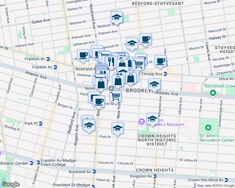 map of restaurants, bars, coffee shops, grocery stores, and more near 1313 Atlantic Avenue in Brooklyn
