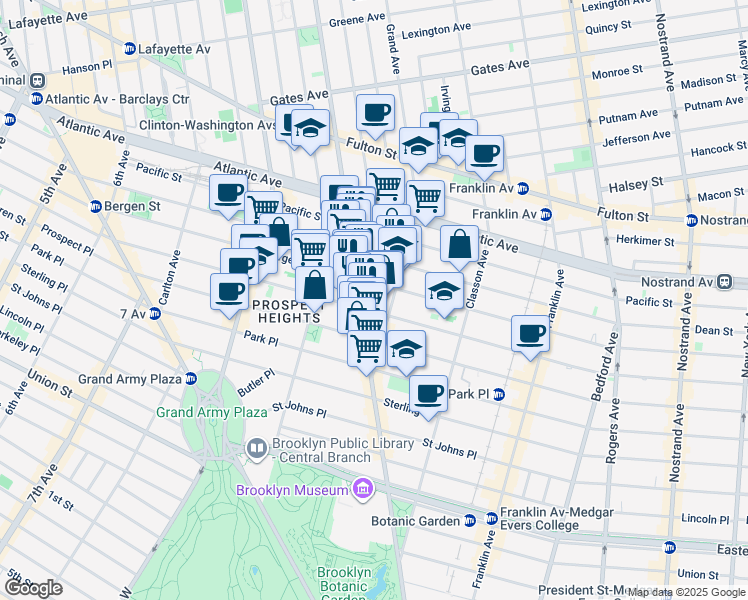 map of restaurants, bars, coffee shops, grocery stores, and more near 751 Bergen Street in Brooklyn