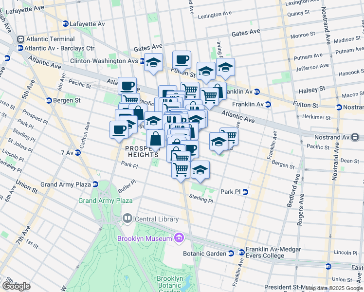 map of restaurants, bars, coffee shops, grocery stores, and more near 751 Bergen Street in Brooklyn